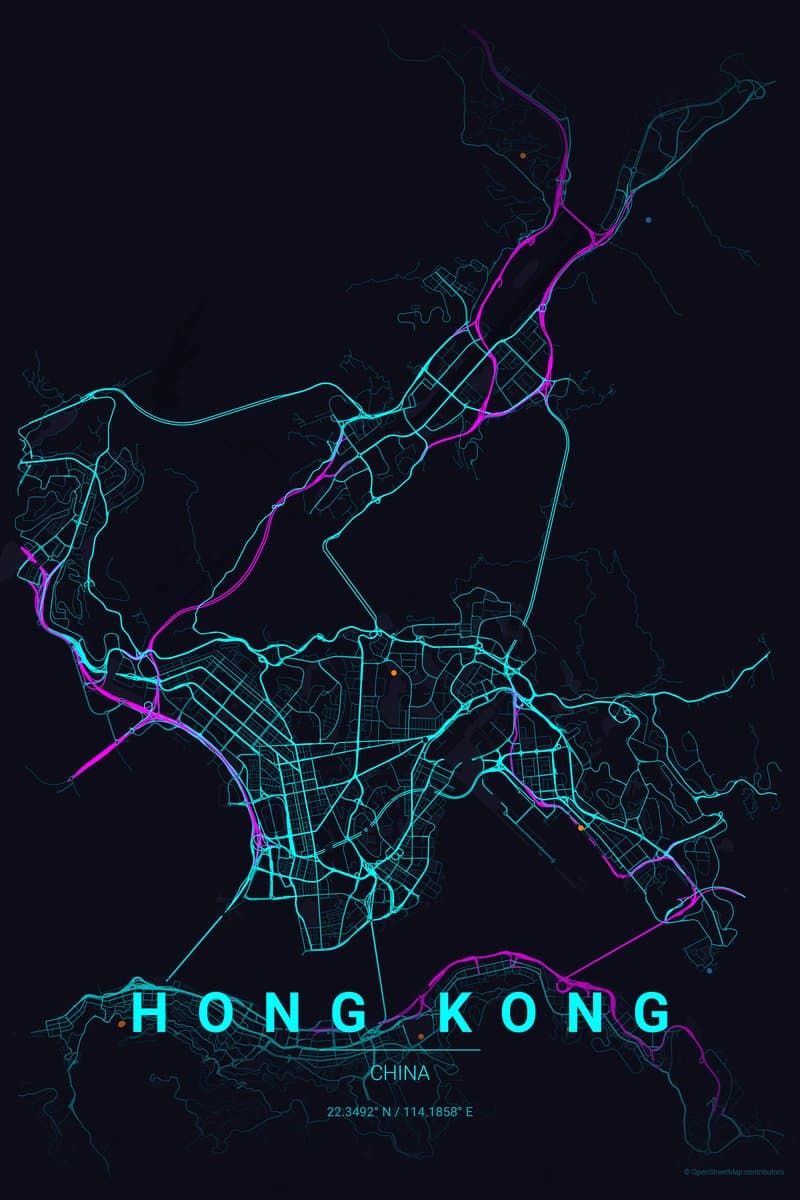 Hong Kong Neon cyberpunk map poster preview