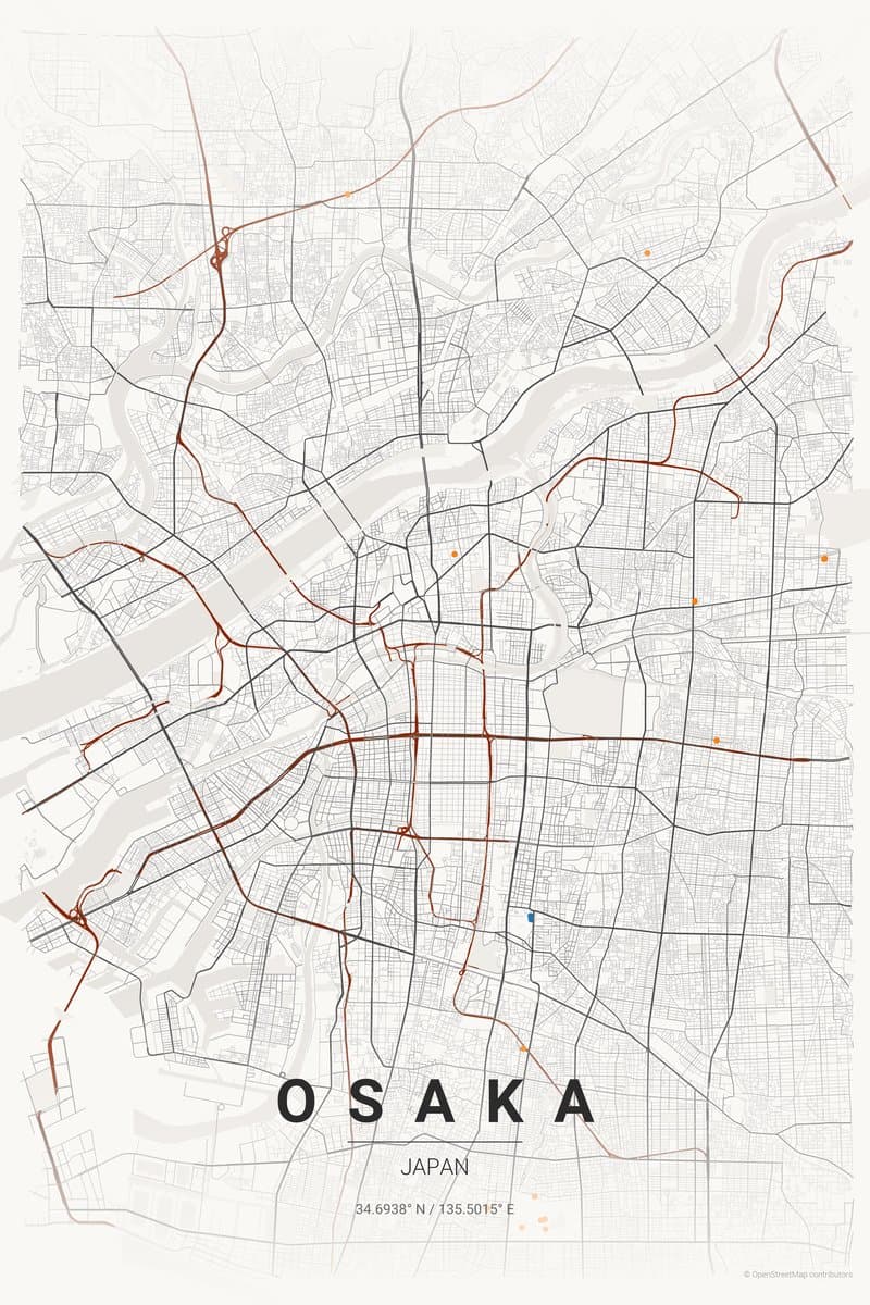 Osaka Japanese ink map poster preview