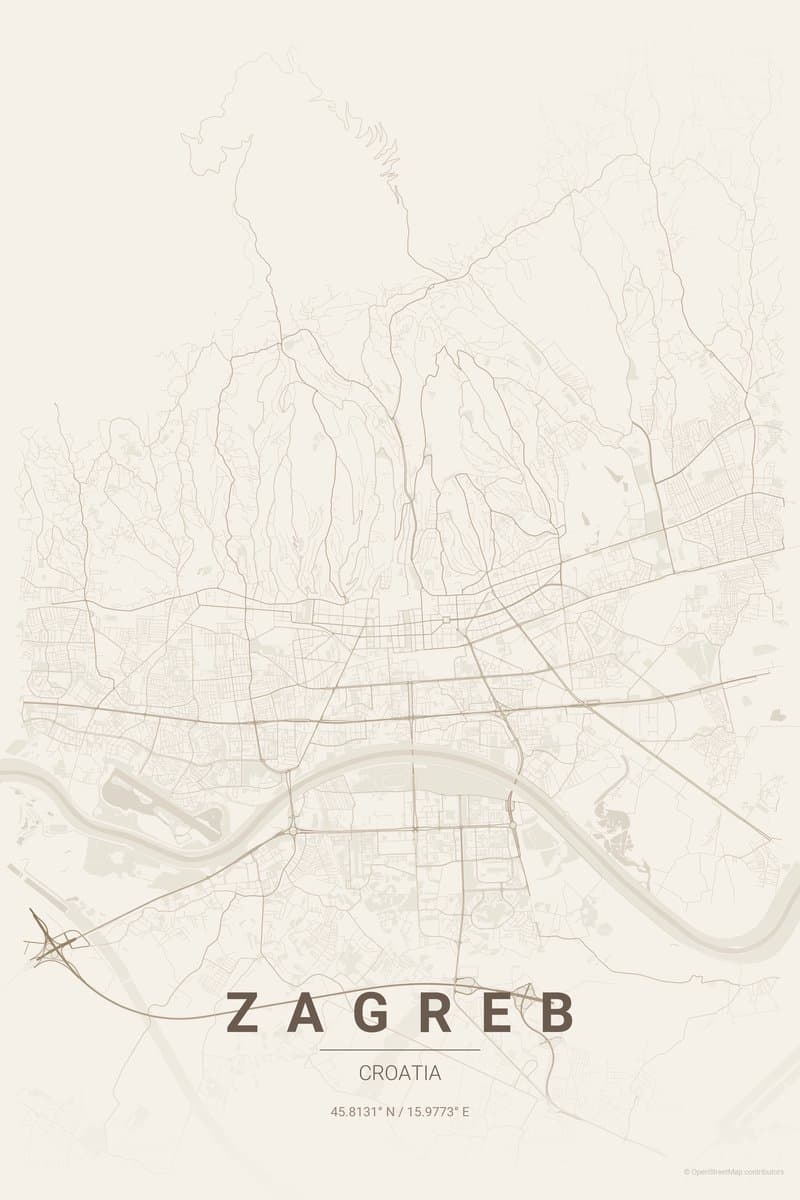 Zagreb Warm beige map poster preview