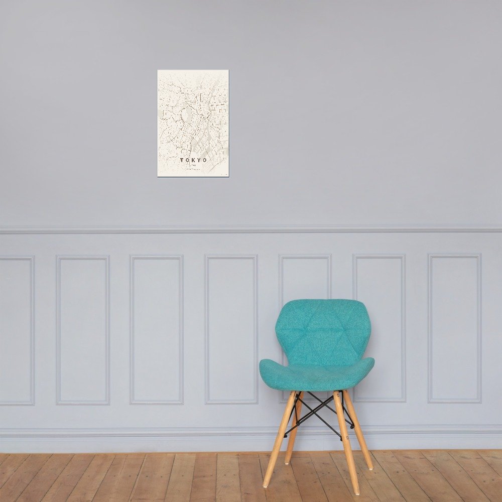 Tokyo Warm Beige map poster on a bright wainscot wall